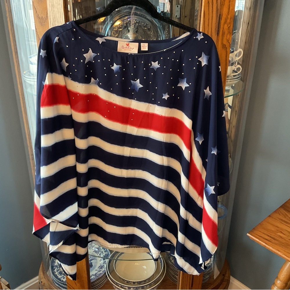 Quacker Factory Patriotic Stars & Stripes Navy Red White Blouse Larage